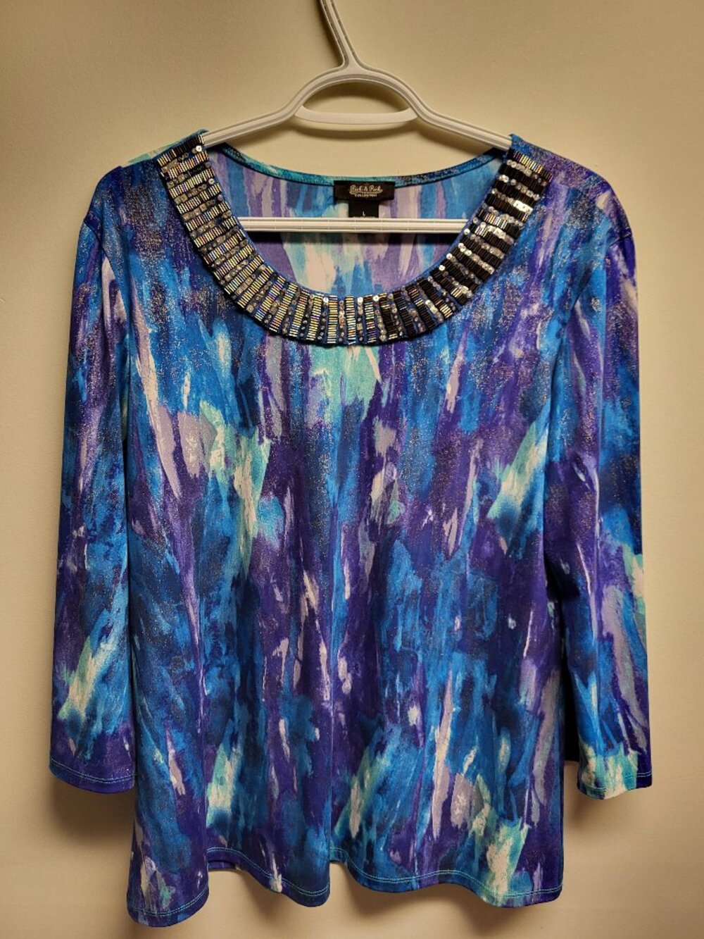Peck & Peck Collection Blue Purple Embellished Knit Top Size Large